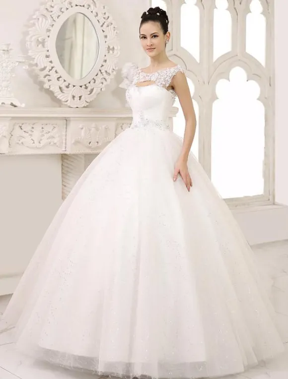 Robe mariée princesse col rond en dentelle dos nu à laçage jupe évasée en dentelle pailleté robe de mariée