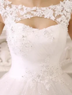 Robe mariée princesse col rond en dentelle dos nu à laçage jupe évasée en dentelle pailleté robe de mariée