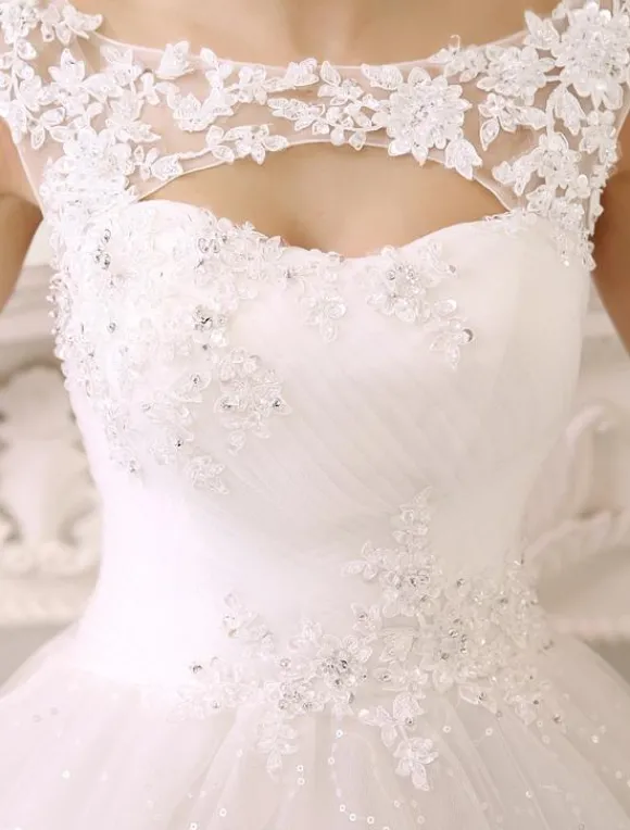 Robe mariée princesse col rond en dentelle dos nu à laçage jupe évasée en dentelle pailleté robe de mariée