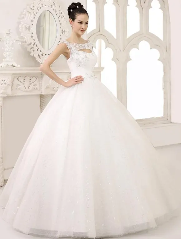 Robe mariée princesse col rond en dentelle dos nu à laçage jupe évasée en dentelle pailleté robe de mariée