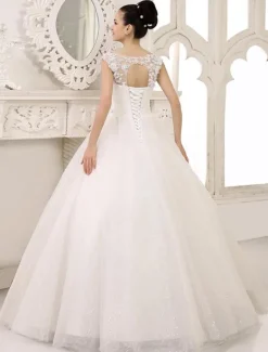 Robe mariée princesse col rond en dentelle dos nu à laçage jupe évasée en dentelle pailleté robe de mariée