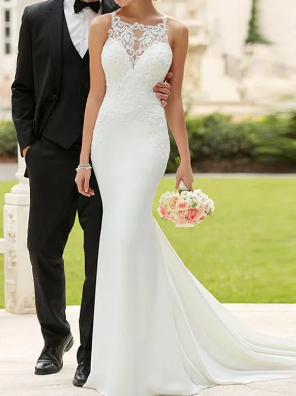 Robe mariée simple col bateau en dentelle dos transparent boutonnée à traîne robe de mariage