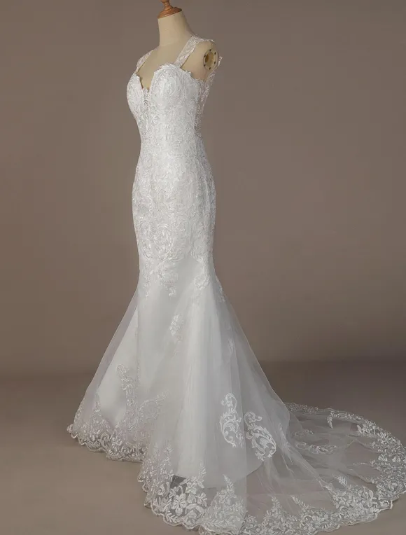 Robe mariée sirène à bretelle en dentelle dos nu à traîne Robe de mariée
