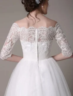 Robe mariée vintage col bateau demi-manche en dentelle jupe en tulle courte au dessus de genou Robe de mariage