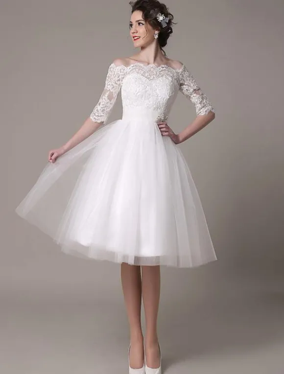Robe mariée vintage col bateau demi-manche en dentelle jupe en tulle courte au dessus de genou Robe de mariage