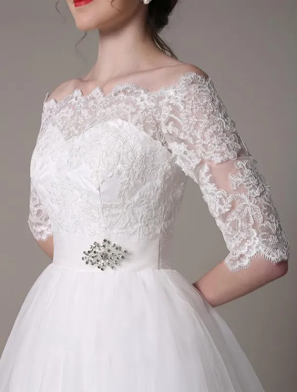 Robe mariée vintage col bateau demi-manche en dentelle jupe en tulle courte au dessus de genou Robe de mariage