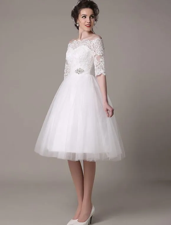 Robe mariée vintage col bateau demi-manche en dentelle jupe en tulle courte au dessus de genou Robe de mariage