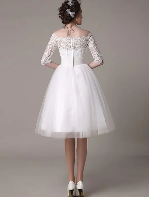 Robe mariée vintage col bateau demi-manche en dentelle jupe en tulle courte au dessus de genou Robe de mariage