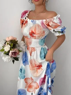 Robe maxi à imprimé floral et col carré pour femme élégante et parfaite pour l'été