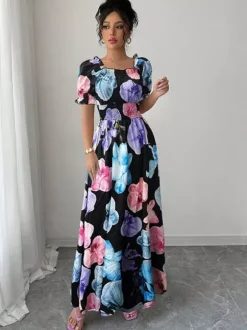 Robe maxi à imprimé floral et col carré pour femme élégante et parfaite pour l'été