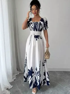 Robe maxi à imprimé floral et col carré pour femme élégante et parfaite pour l'été