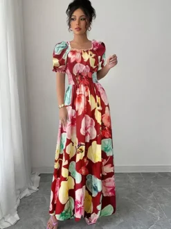 Robe maxi à imprimé floral et col carré pour femme élégante et parfaite pour l'été