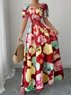 Robe maxi à imprimé floral et col carré pour femme élégante et parfaite pour l'été