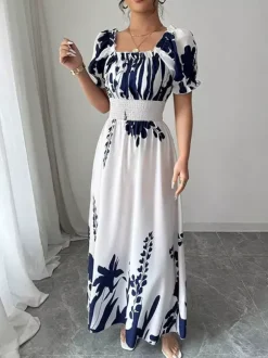 Robe maxi à imprimé floral et col carré pour femme élégante et parfaite pour l'été