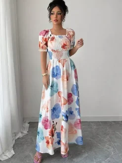 Robe maxi à imprimé floral et col carré pour femme élégante et parfaite pour l'été