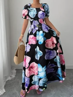 Robe maxi à imprimé floral et col carré pour femme élégante et parfaite pour l'été