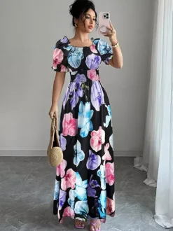 Robe maxi à imprimé floral et col carré pour femme élégante et parfaite pour l'été