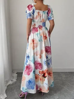 Robe maxi à imprimé floral et col carré pour femme élégante et parfaite pour l'été
