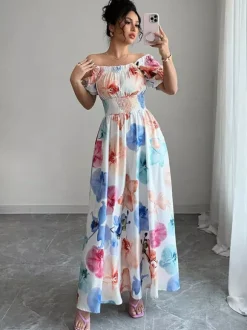 Robe maxi à imprimé floral et col carré pour femme élégante et parfaite pour l'été