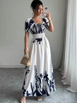 Robe maxi à imprimé floral et col carré pour femme élégante et parfaite pour l'été