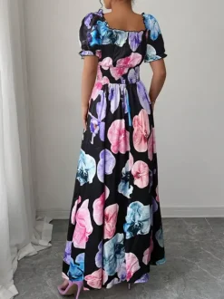 Robe maxi à imprimé floral et col carré pour femme élégante et parfaite pour l'été