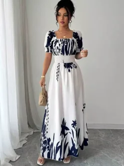 Robe maxi à imprimé floral et col carré pour femme élégante et parfaite pour l'été