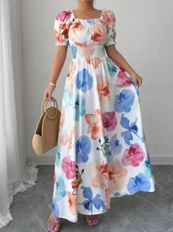 Robe maxi à imprimé floral et col carré pour femme élégante et parfaite pour l'été