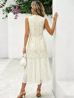 Robe maxi de tous les jours pour femme sans manches col rond taille naturelle élégante robe en dentelle