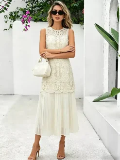 Robe maxi de tous les jours pour femme sans manches col rond taille naturelle élégante robe en dentelle