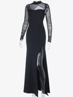 Robe maxi femme à fente haute et manches en résille - Robe moulante noire sexy dos nu - Tenue de soirée gothique 2026