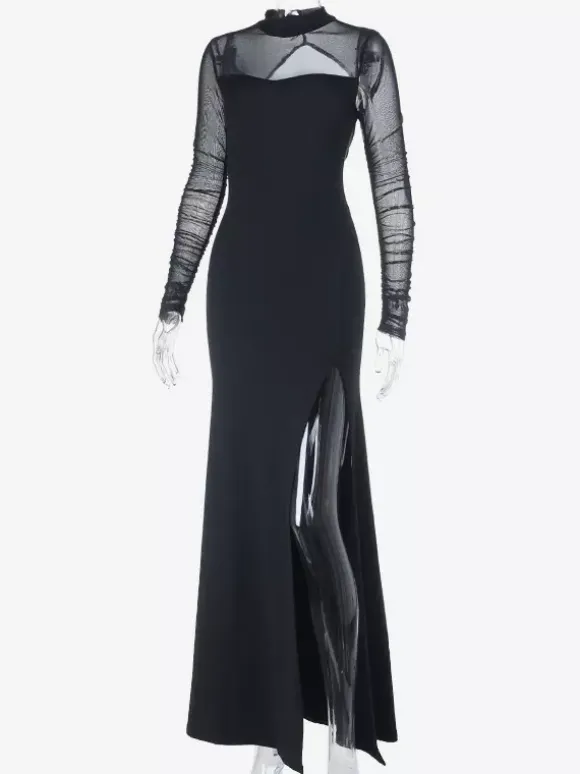 Robe maxi femme à fente haute et manches en résille - Robe moulante noire sexy dos nu - Tenue de soirée gothique 2026