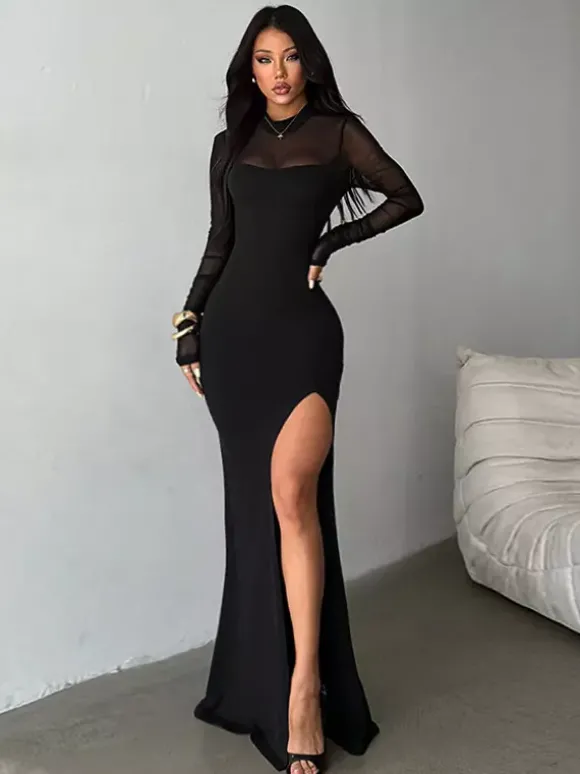 Robe maxi femme à fente haute et manches en résille - Robe moulante noire sexy dos nu - Tenue de soirée gothique 2026