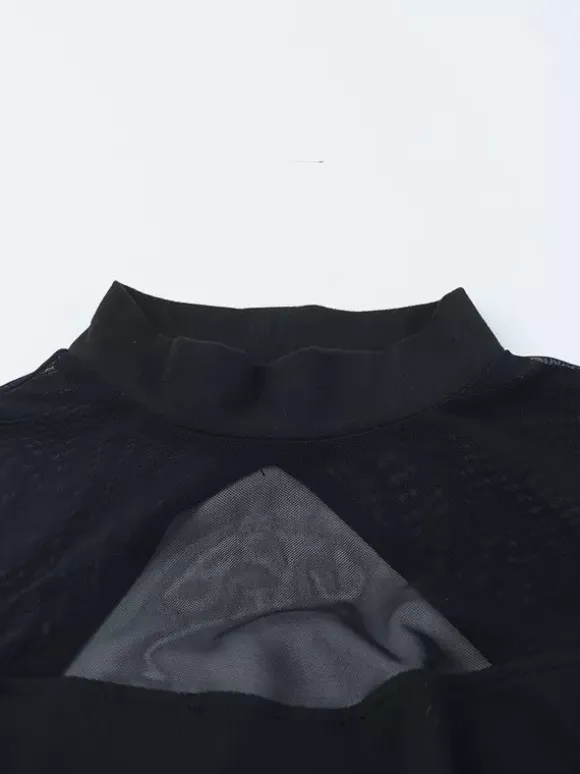Robe maxi femme à fente haute et manches en résille - Robe moulante noire sexy dos nu - Tenue de soirée gothique 2026