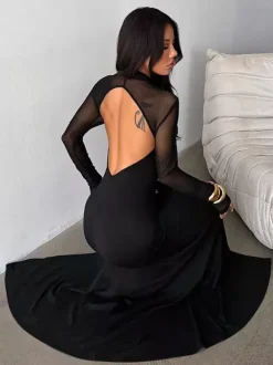 Robe maxi femme à fente haute et manches en résille - Robe moulante noire sexy dos nu - Tenue de soirée gothique 2026