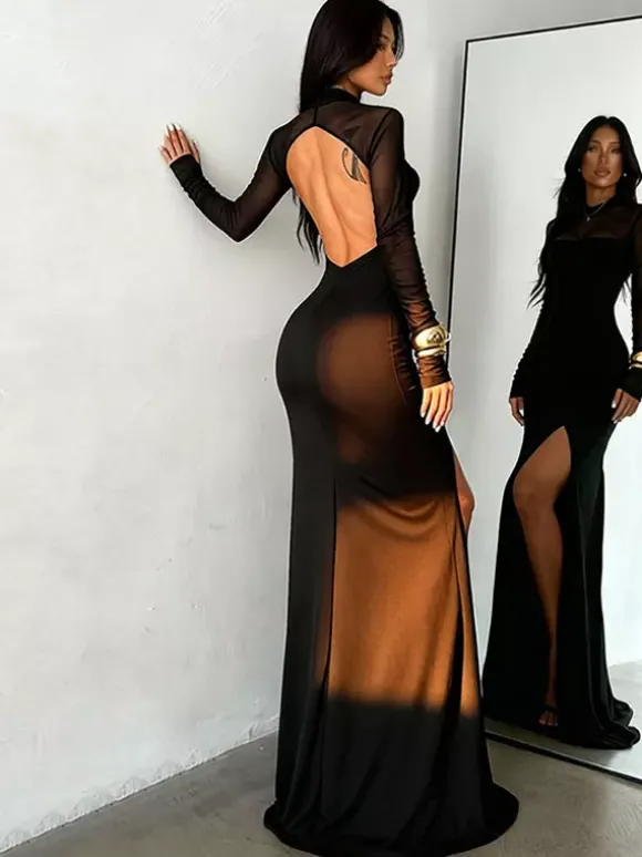 Robe maxi femme à fente haute et manches en résille - Robe moulante noire sexy dos nu - Tenue de soirée gothique 2026