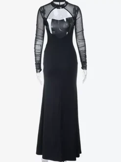 Robe maxi femme à fente haute et manches en résille - Robe moulante noire sexy dos nu - Tenue de soirée gothique 2026