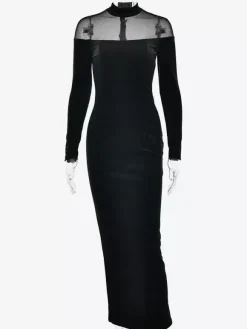 Robe maxi moulante à manches longues et col montant en patchwork de velours et de maille pour femme 2026