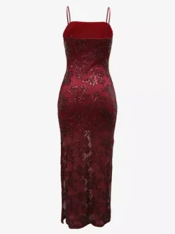 Robe maxi moulante à ourlet transparent et broderie florale à sequins pour femme 2026