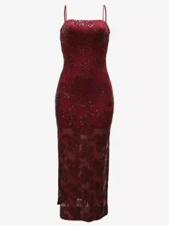 Robe maxi moulante à ourlet transparent et broderie florale à sequins pour femme 2026