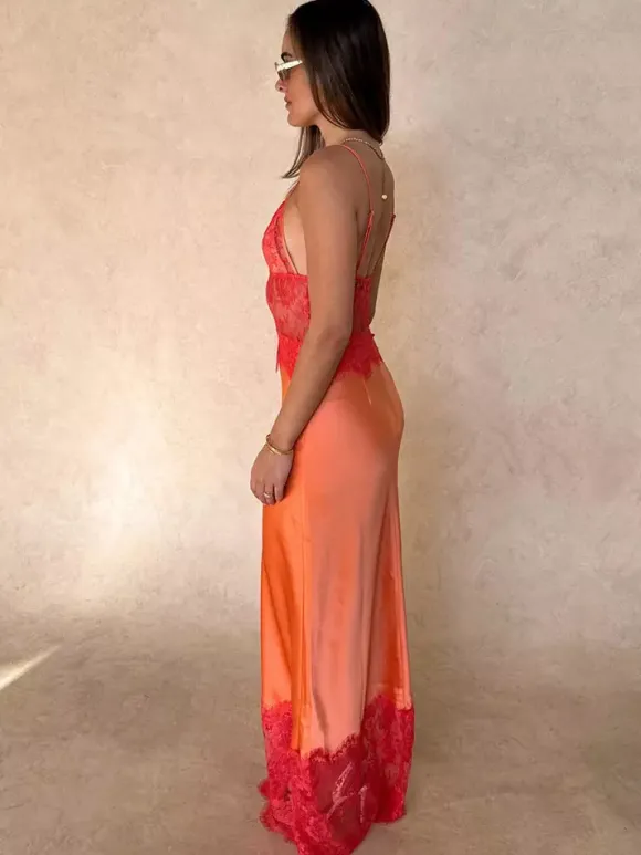 Robe maxi orange dos nu à volants sans manches à bretelles pour femme