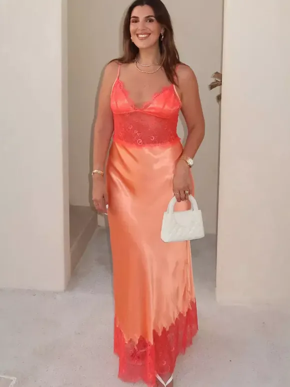 Robe maxi orange dos nu à volants sans manches à bretelles pour femme