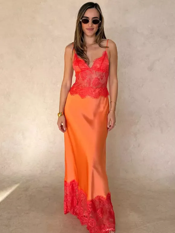 Robe maxi orange dos nu à volants sans manches à bretelles pour femme