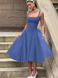 Robe midi à col carré pour femme - Robe plissée rétro trapèze - Idéale pour un cocktail de printemps 2026
