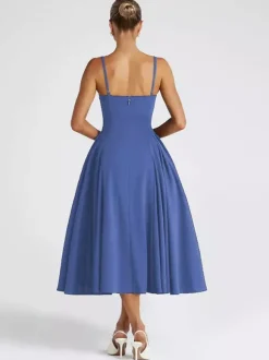 Robe midi à col carré pour femme - Robe plissée rétro trapèze - Idéale pour un cocktail de printemps 2026