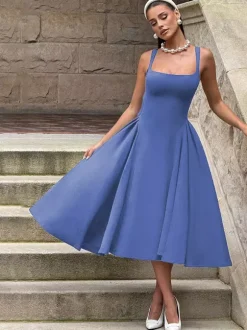 Robe midi à col carré pour femme - Robe plissée rétro trapèze - Idéale pour un cocktail de printemps 2026