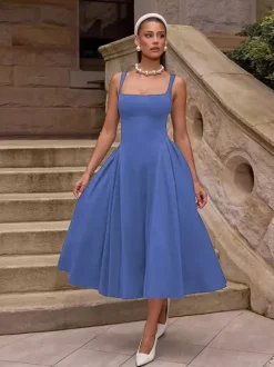 Robe midi à col carré pour femme - Robe plissée rétro trapèze - Idéale pour un cocktail de printemps 2026