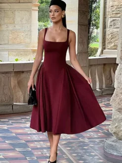 Robe midi à col carré pour femme - Robe plissée rétro trapèze - Idéale pour un cocktail de printemps 2026