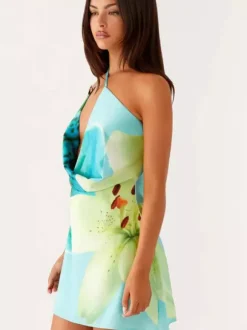 Robe midi à imprimé floral dos nu lacé en mousseline chic avec col orné sans manches
