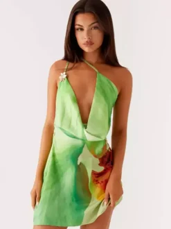 Robe midi à imprimé floral dos nu lacé en mousseline chic avec col orné sans manches