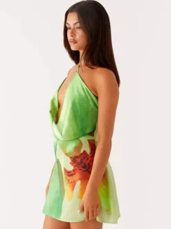 Robe midi à imprimé floral dos nu lacé en mousseline chic avec col orné sans manches